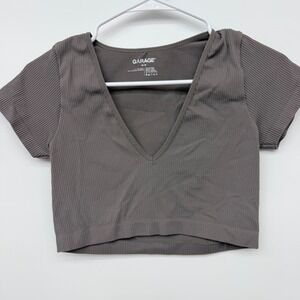 Garage Crop Top Ribbed V-Neck Short Sleeve Women Medium Gray